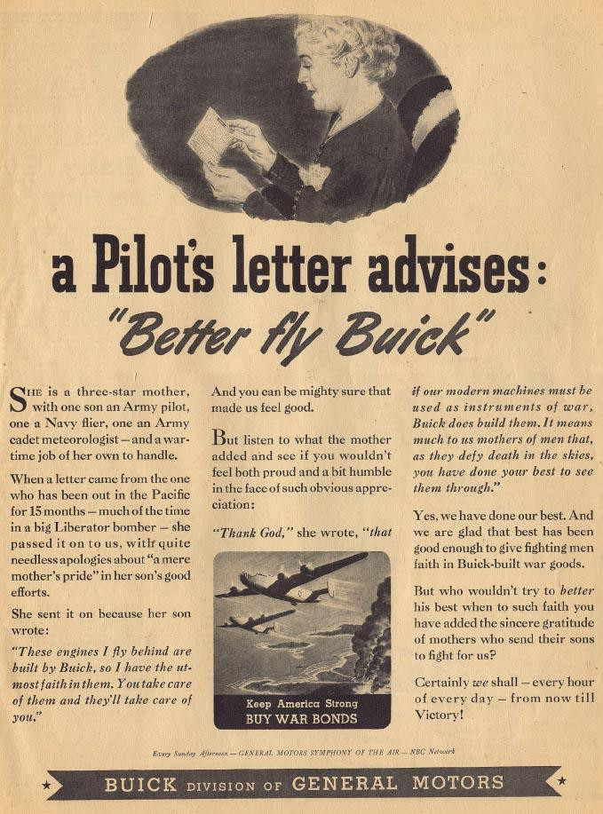 Buick advertisement: a pilot's letter advises "Better fly Buick — historic image
