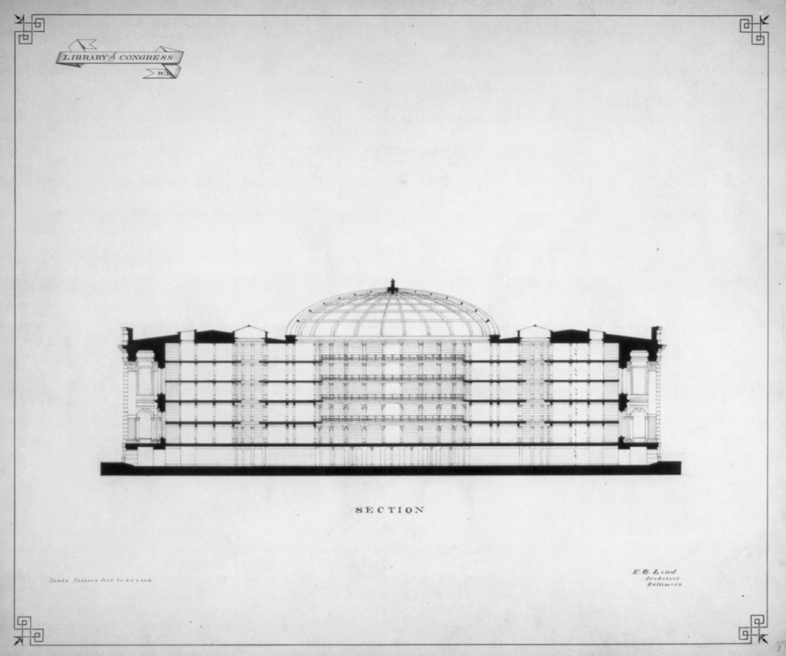 [Library of Congress, Washington, D.C. Longitudinal section], and Engineering (ADE) Drawings" (http://www.loc.gov/rr/print/res/103_ade.html)." — historic drawing