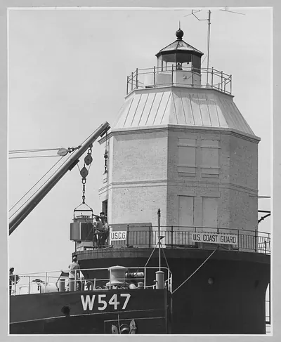 Lighthouse tower mounted on U.S. Coast Guard vessel W547