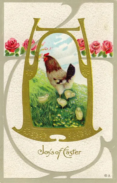 Joys of Easter greeting card with hen and chicks