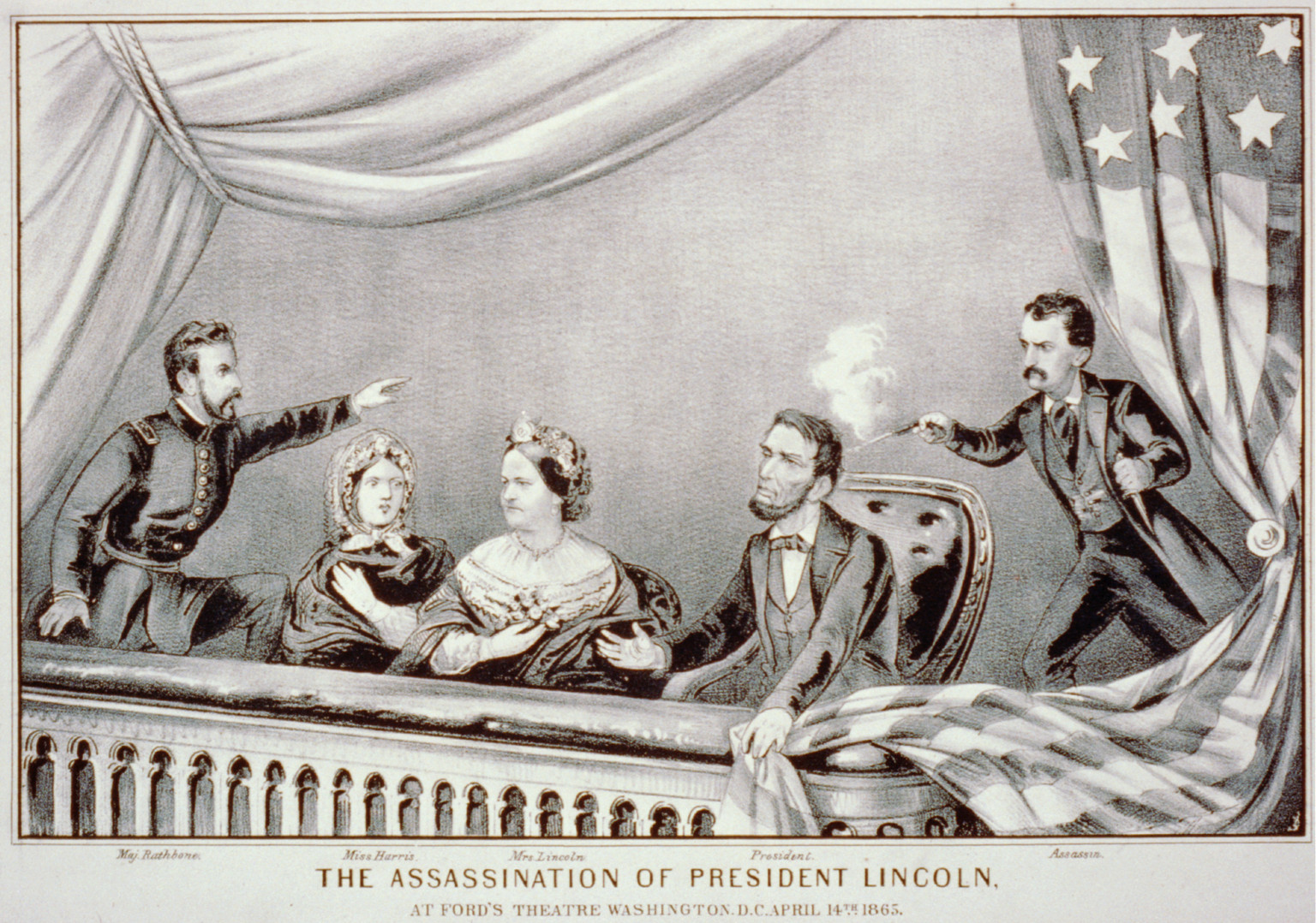 The assassination of President Lincoln: at Ford's Theatre, Washington, D.C., April 14th, 1865, New York : Currier & Ives, 1865. — antique lithograph