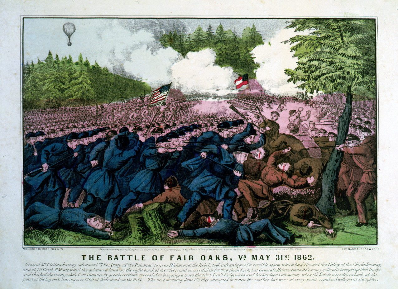 The Battle of Fair Oaks, Va. May 31st, 1862, New York : Published by Currier & Ives, c1862. — antique lithograph