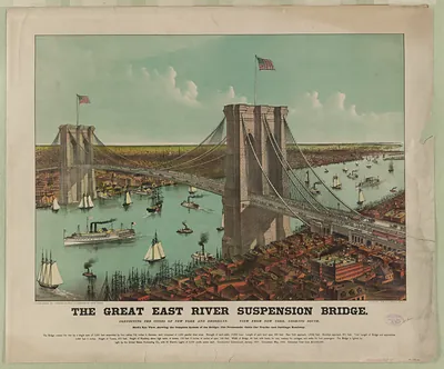 The Great East River Suspension Bridge, bird's-eye view lithograph