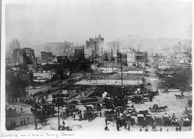 [View of the ruins of San Francisco looking west from Ferry Tower after the earthquake and fire of April 18, 1906]