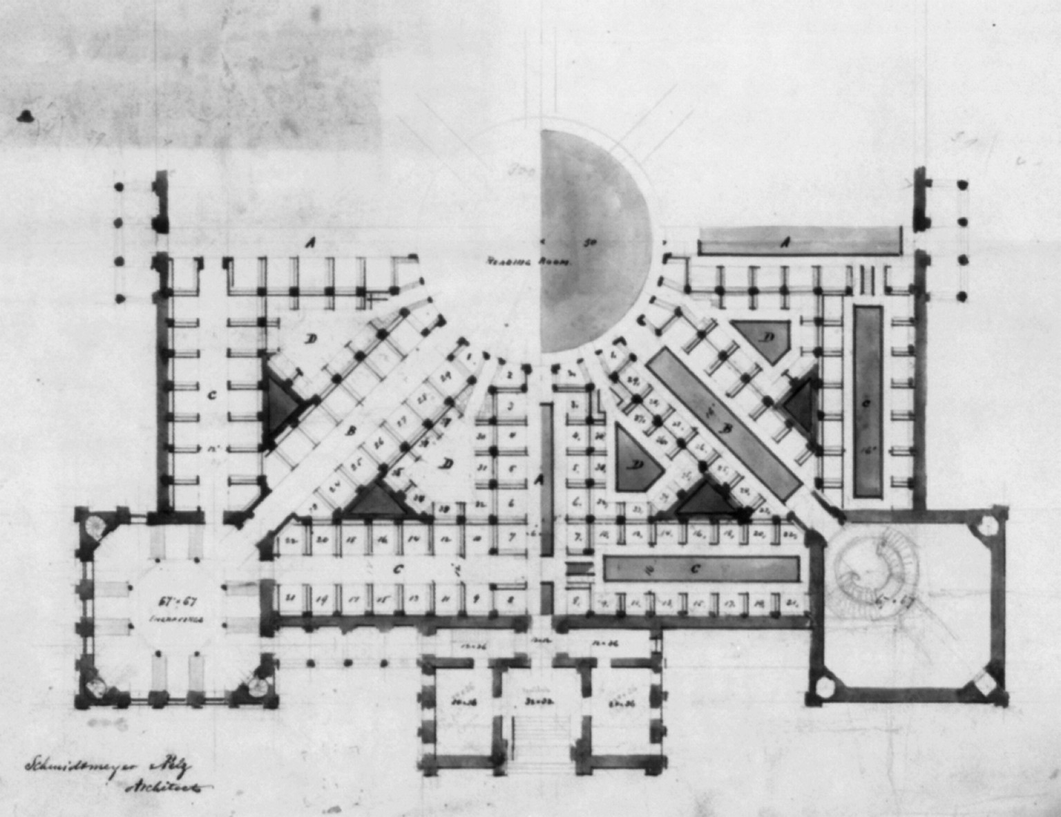 [Library of Congress, Washington, D.C. Partial floor plan], and Engineering (ADE) Drawings" (http://www.loc.gov/rr/print/res/103_ade.html)." — historic drawing