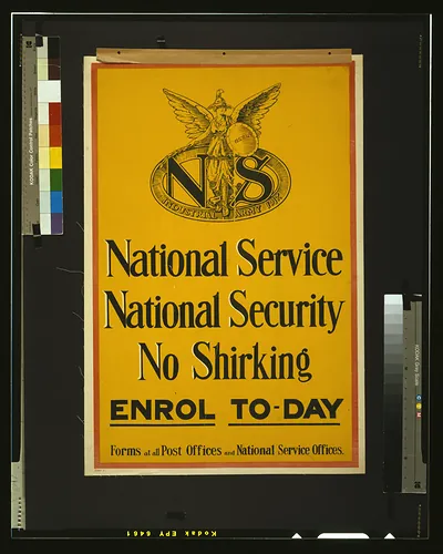 National service. National security. No shirking. Enrol to-day. Forms at all post offices and national service offices