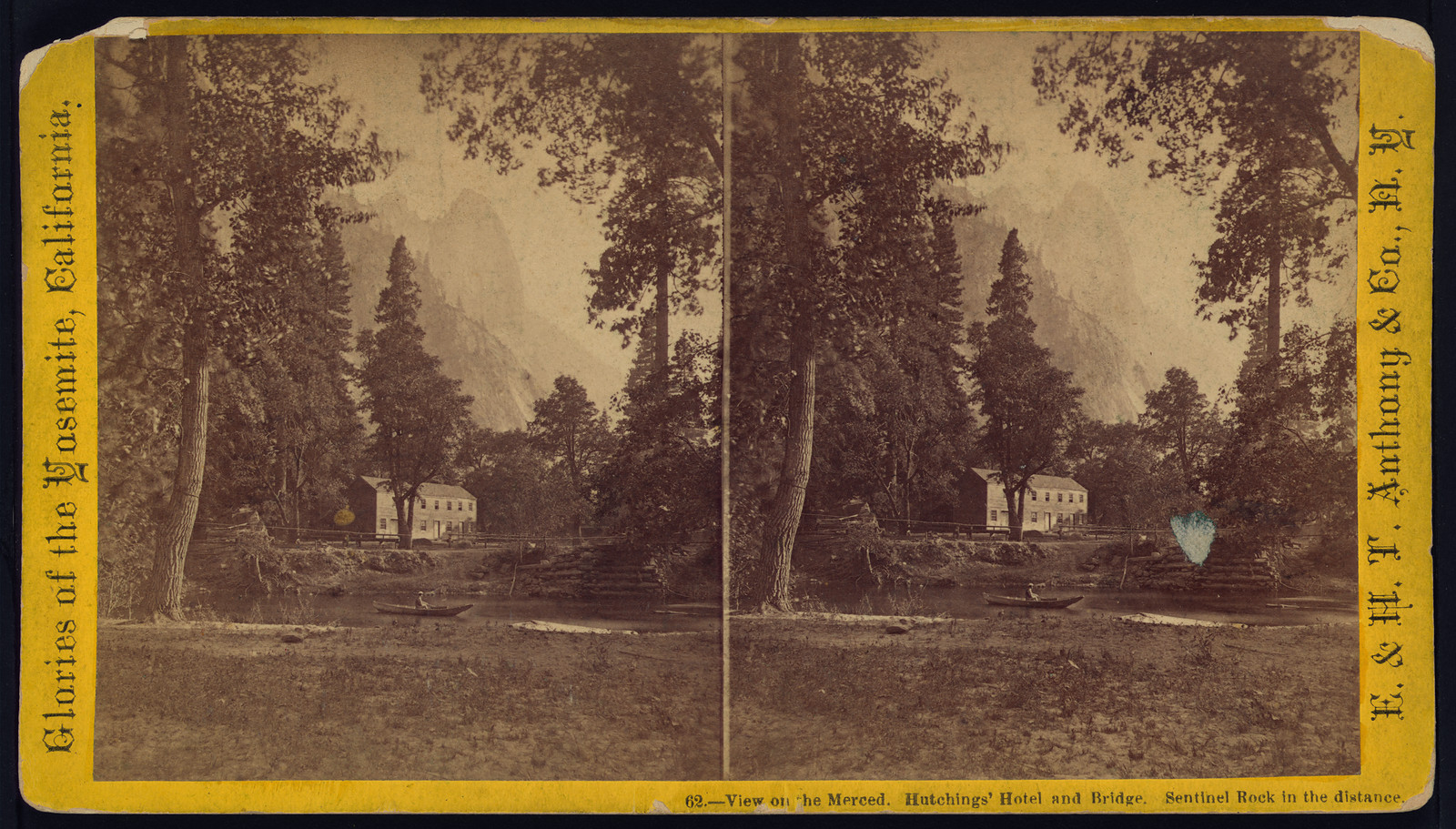 View on the Merced, Hutchings' Hotel and Bridge, Sentinel Rock in the distance — historic image