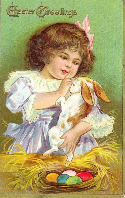 Easter Greetings postcard: girl with rabbit and painted eggs