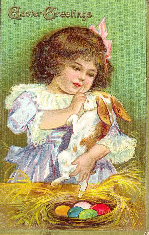 Easter Greetings postcard: girl with rabbit and painted eggs — vintage postcard