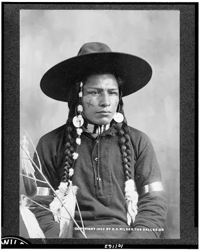 [Half-length portrait of Indian with decorated face, feather and bead ornaments, seated, facing right] / D.D. Wilder, The Dalles, Ore., photographer, novelties, Indian curios.