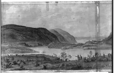 [Panoramic view of West Point, New York showing American encampments on the Hudson River]