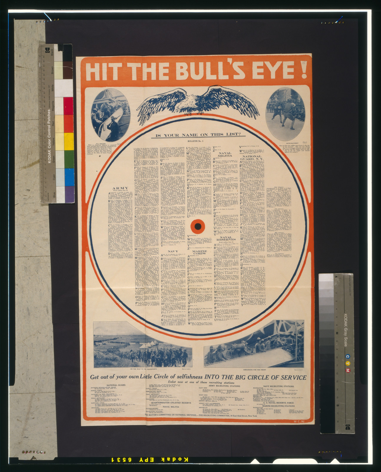 Hit the bull's eye!--Is your name on this list? Get out of your own little circle of selfishness into the big circle of service., [1917] — vintage poster
