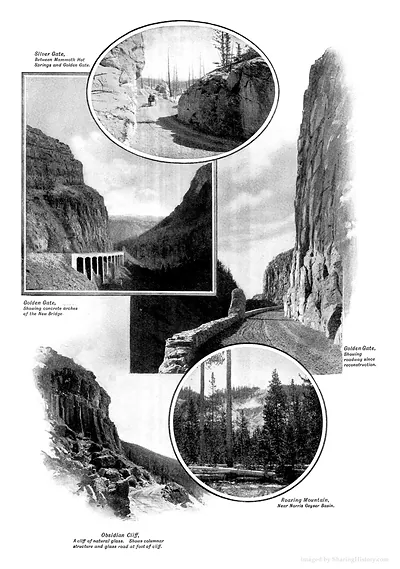 Yellowstone roadway views: Silver Gate, Golden Gate, Obsidian Cliff, Roaring Mountain