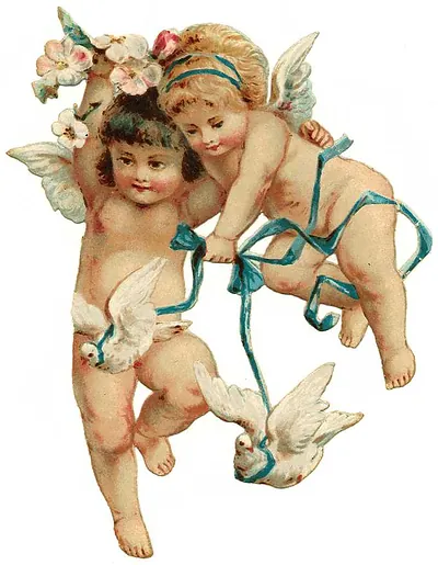 Two cherubs with doves and blue ribbons