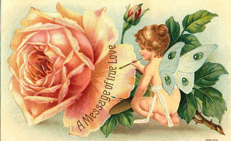 Winged cherub painting 'A Message of true Love' beside a pink rose — historic image