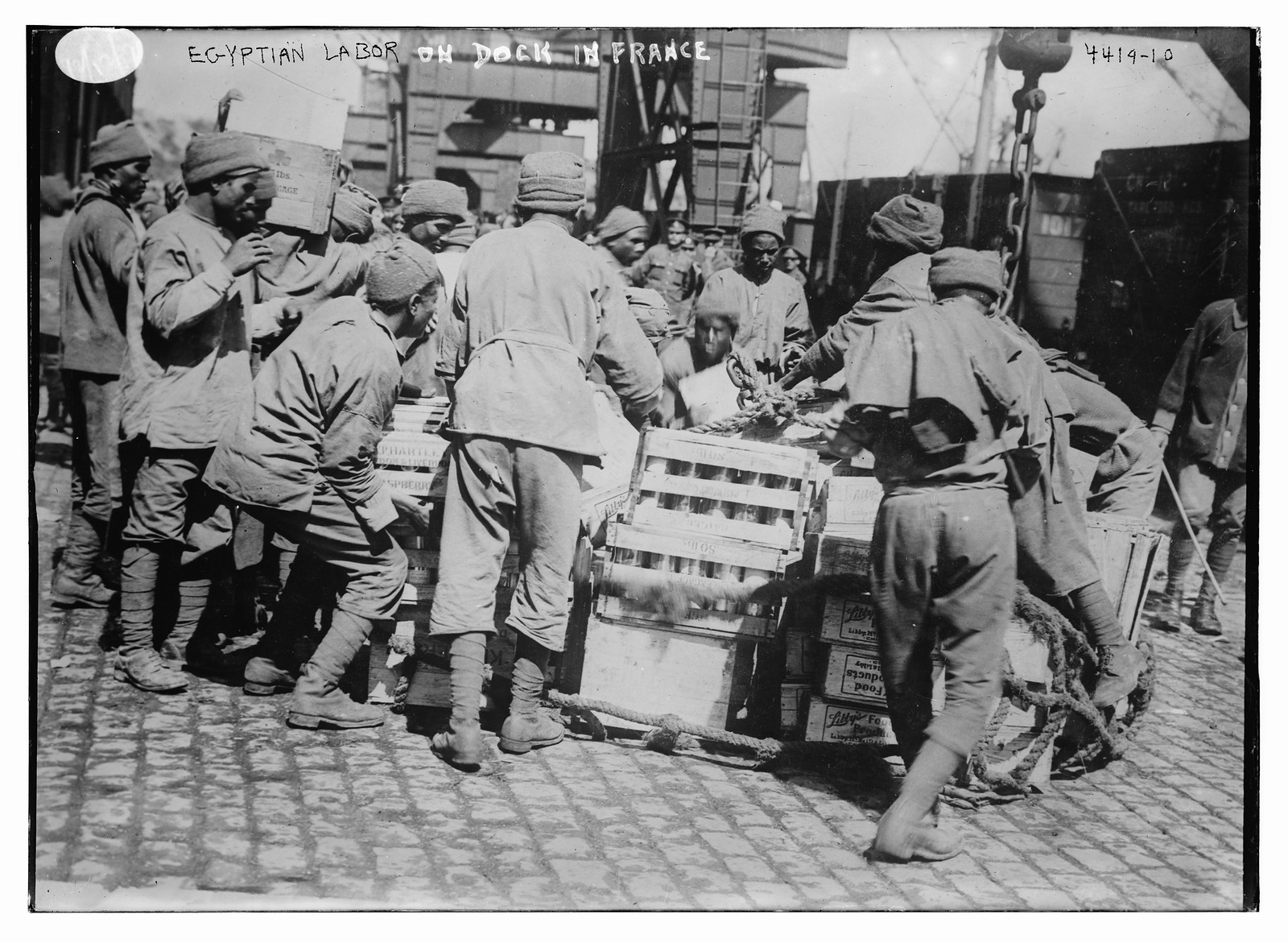 Egyptian labor on deck in France, n/a — historic photograph