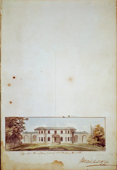 [Houses and a church (Buildings Erected or Proposed to be Built in Virginia"). Entrance Mill Hill - elevation]"