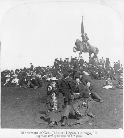 Monument of Gen. John A. Logan, Chicago, Ill. (on horseback, with group of people, mostly seated on lawn, in foreground)