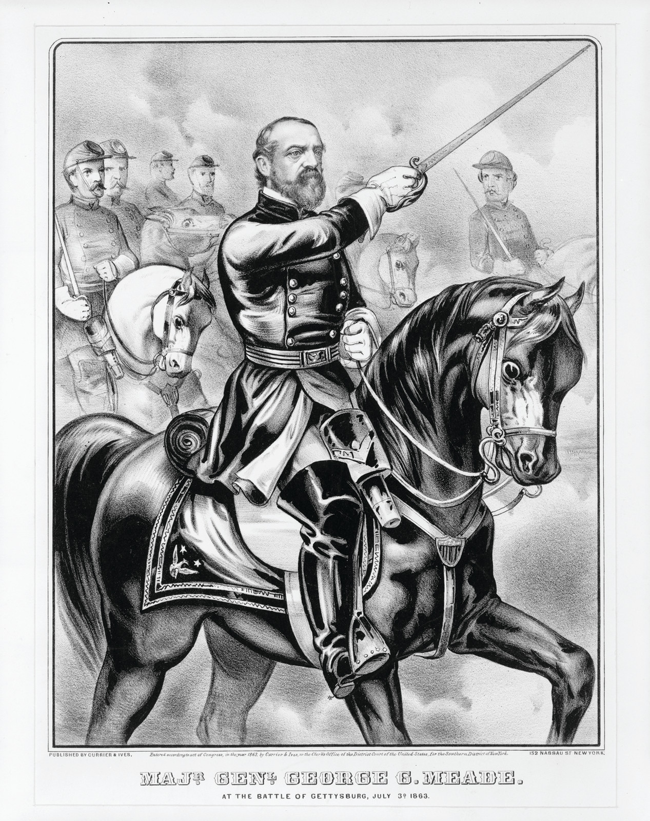 Majr. Genl. George G. Meade, at the battle of Gettysburg, July 3d. 1863, New York : Published by Currier & Ives, 1863. — antique lithograph