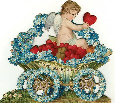 Die-cut valentine card with cupid, hearts and forget-me-nots