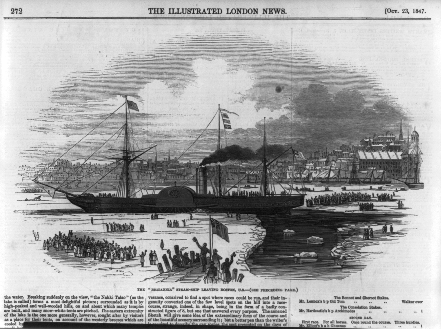 The BRITANNIA steamship leaving Boston, U.S., 1847 — antique engraving