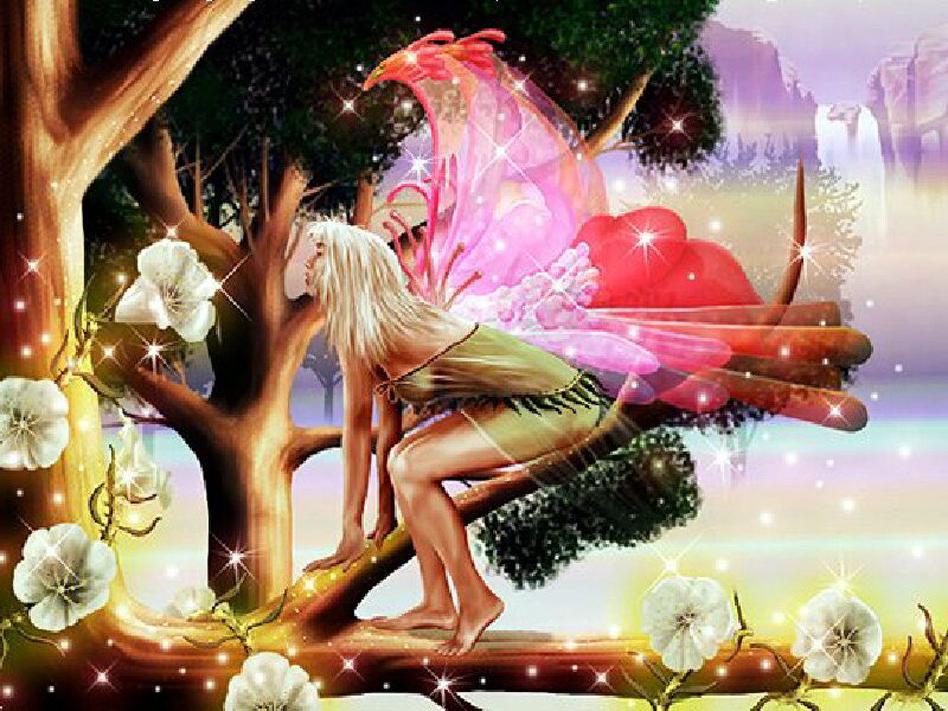 Fairy with pink wings sitting on a glowing tree branch — historic image