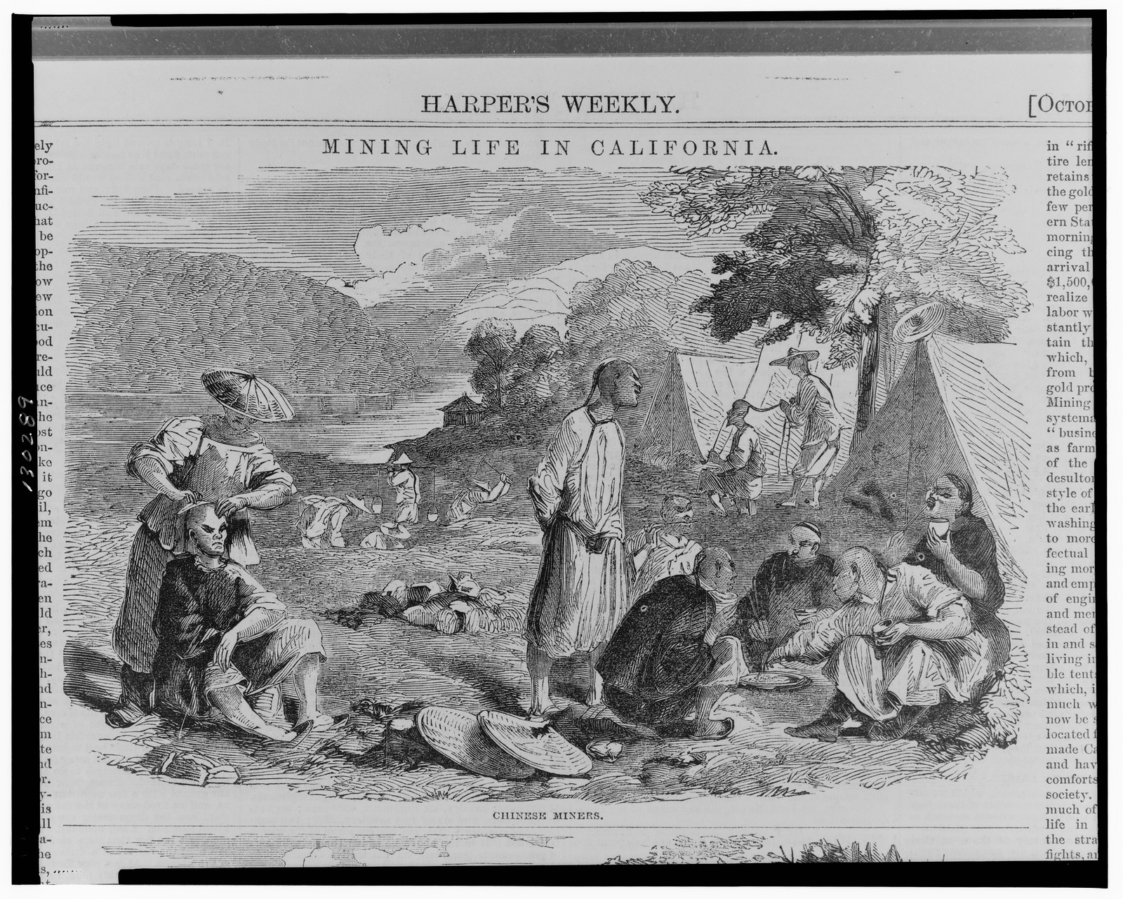 Mining life in California--Chinese miners, 1857 — antique engraving