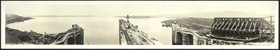Panoramic photograph of Panama Canal locks and lake