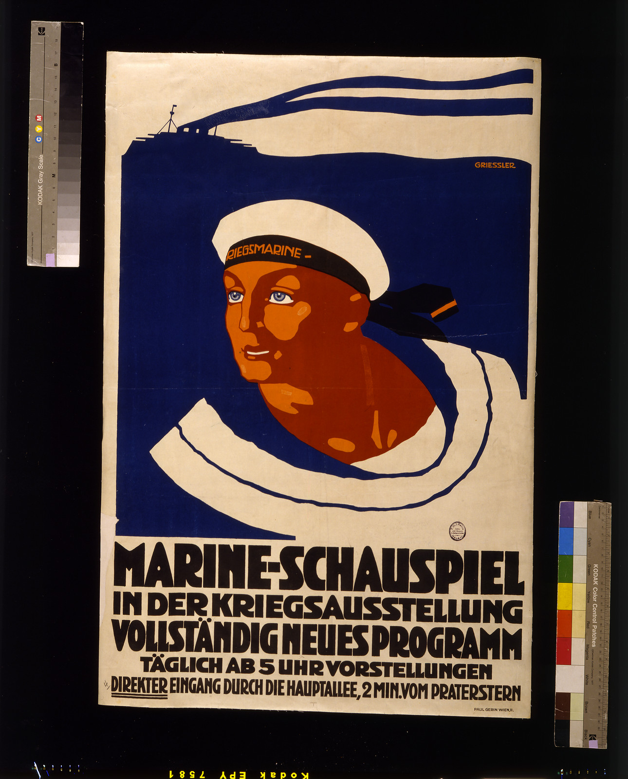 Marine-schauspiel in der Kriegsausstellung ... / Griessler., 1918 — vintage poster