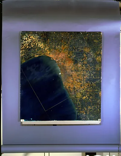 Satellite view of a coastline and city lights