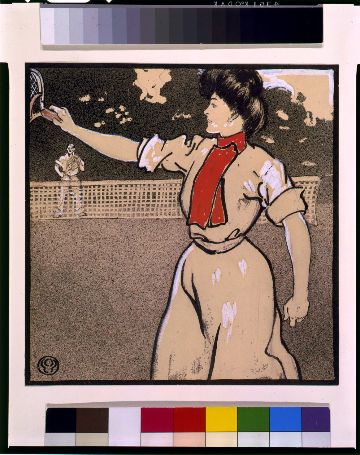 Woman playing tennis with a racket, color print — historic print