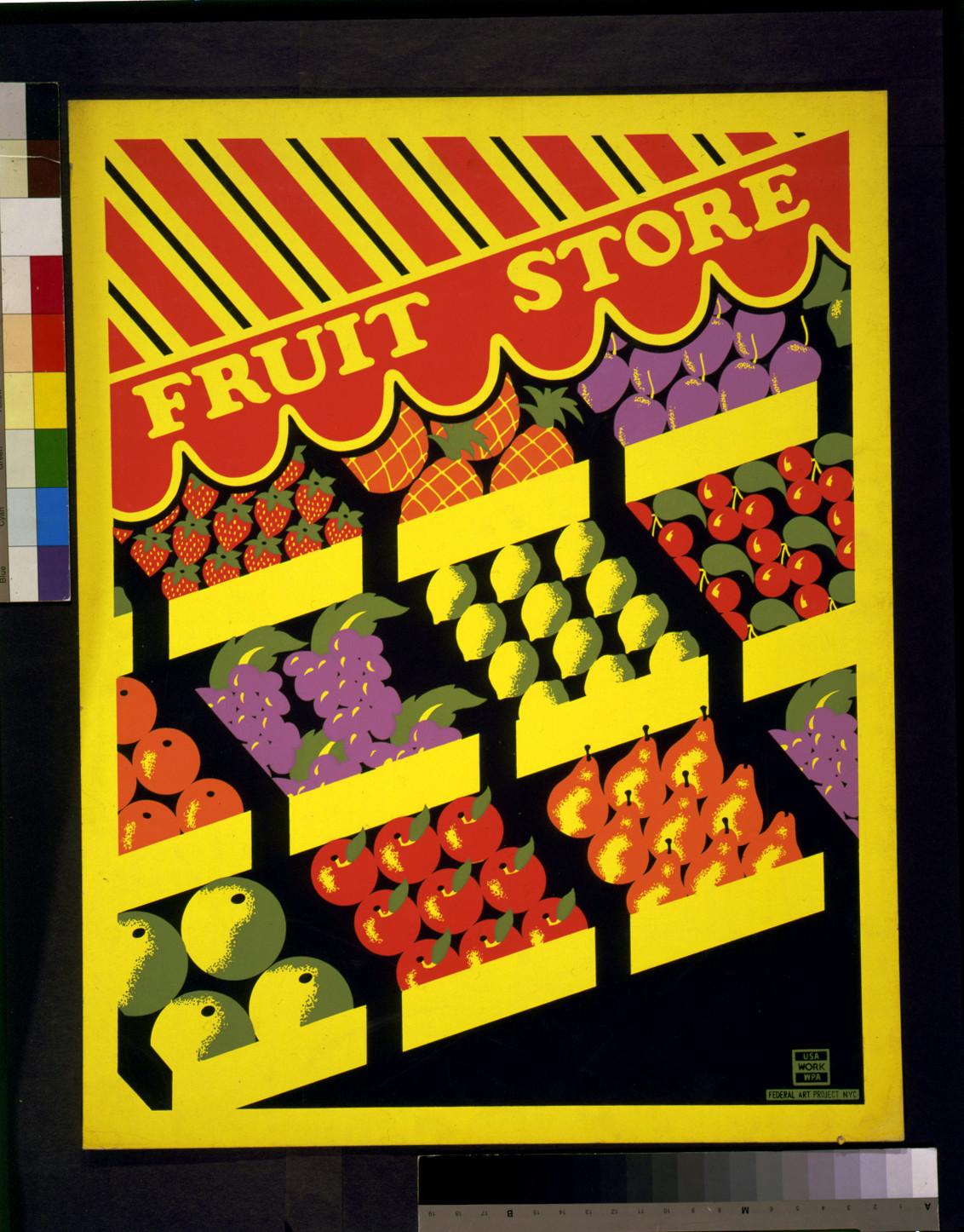 Fruit Store poster with crates of fruit — vintage poster