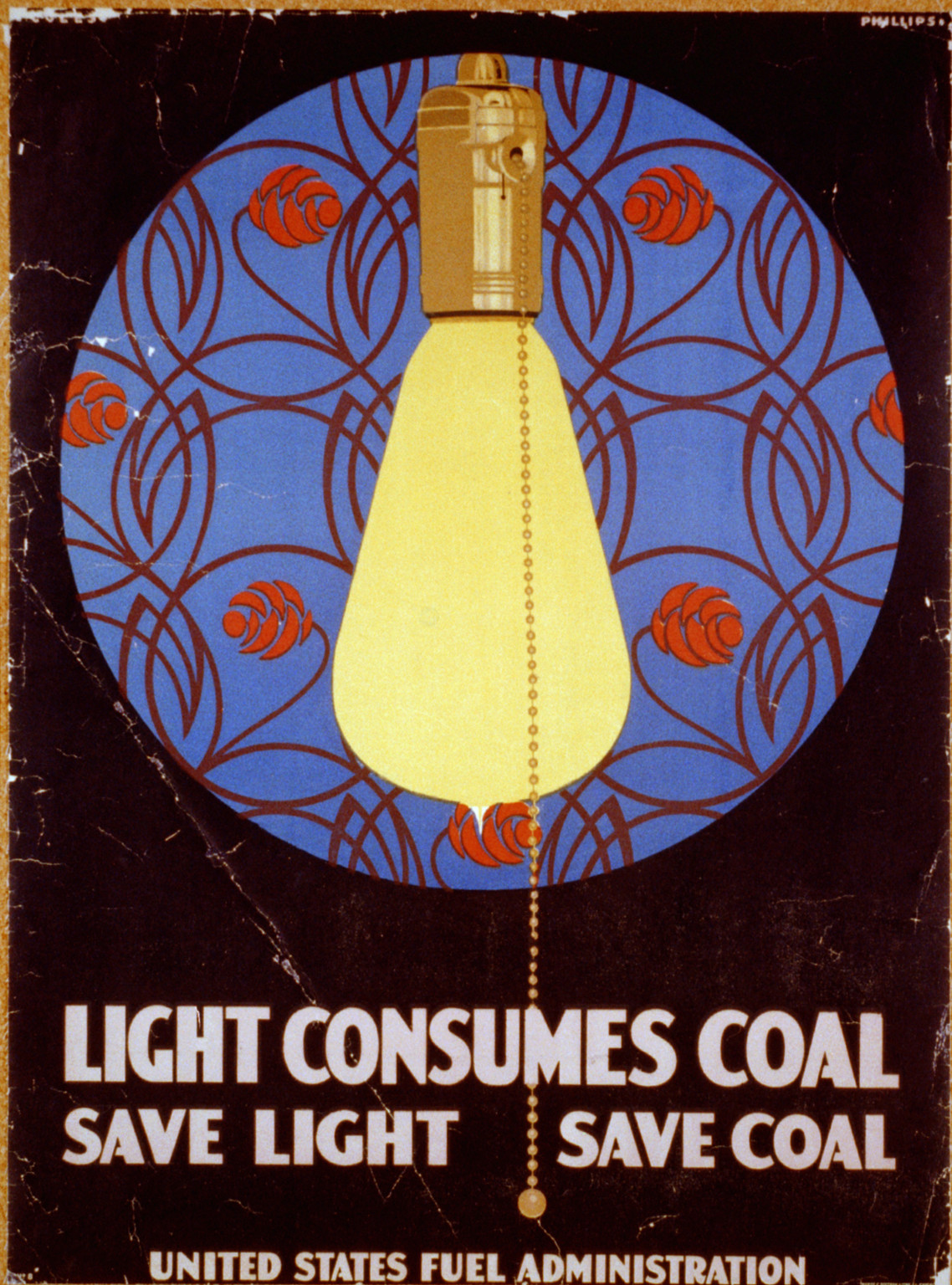 Light consumes coal - Save light save coal United States Fuel Administration / Coles Phillips Wards Deutsch Litho. Co. Chicago., 1917 — vintage poster
