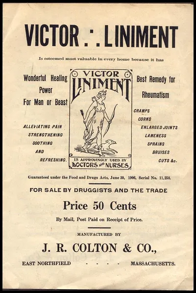 Victor Liniment patent medicine handbill, J. R. Colton & Co.