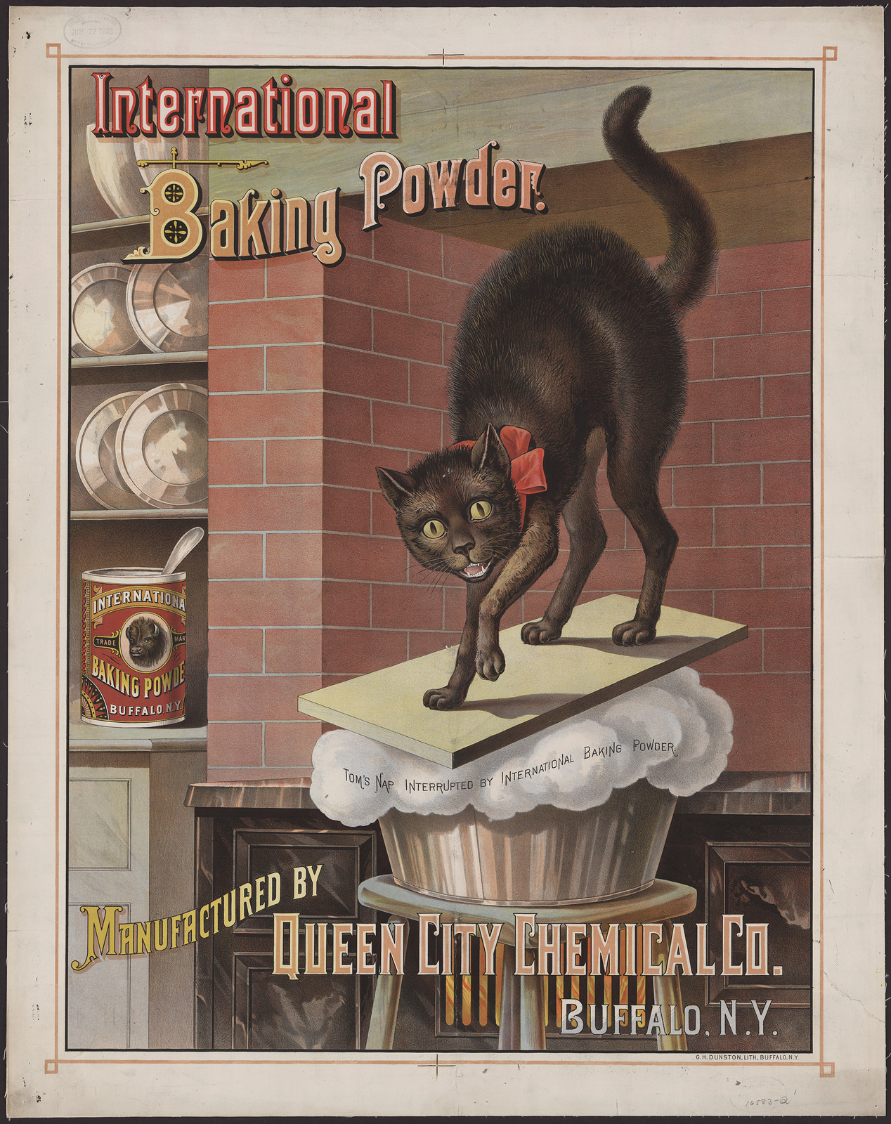 International Baking Powder advertising poster with black cat — vintage poster