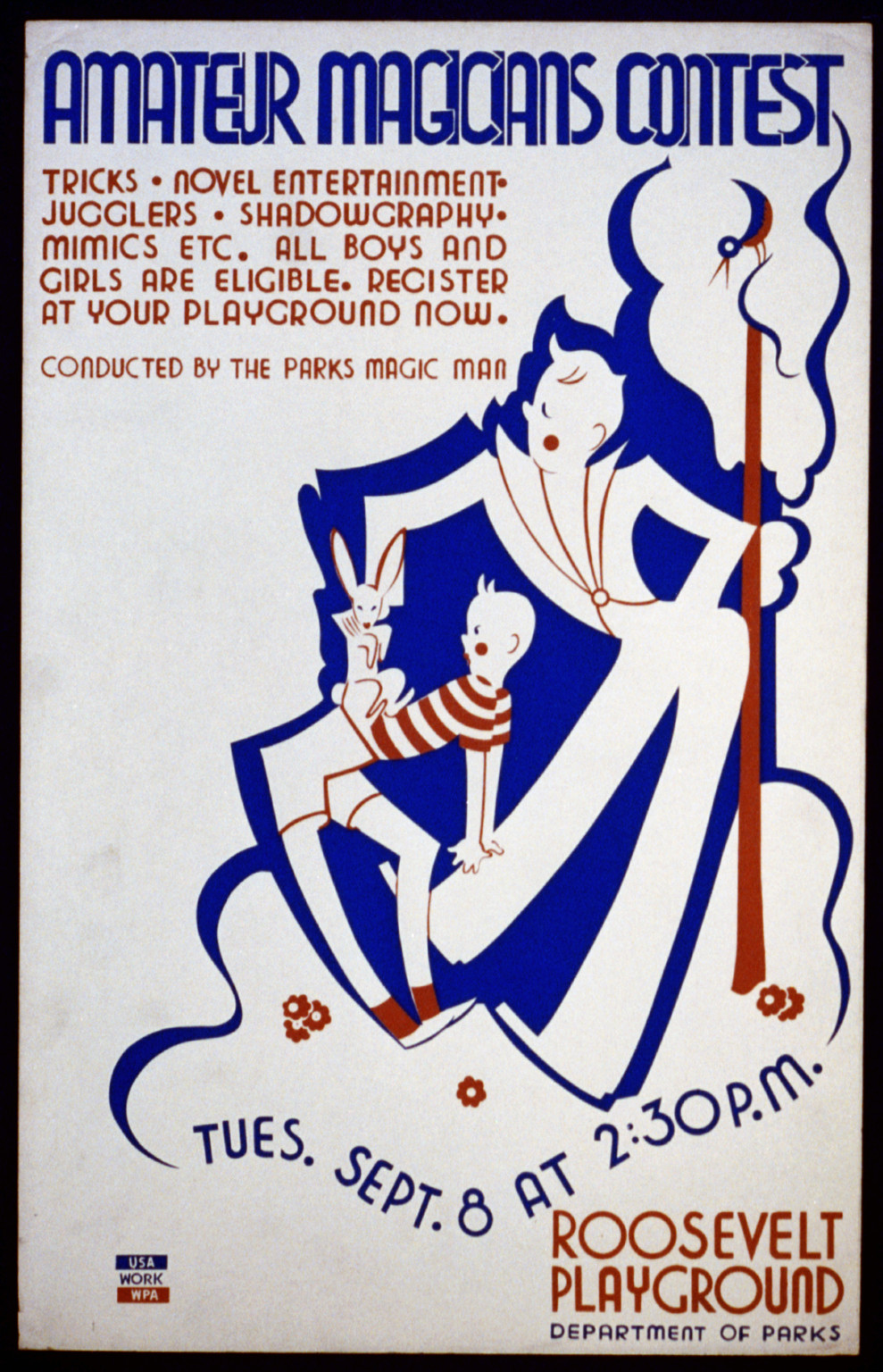 Amateur magicians contest Roosevelt Playground Tricks novel entertainment jugglers sh, 1936 — vintage poster