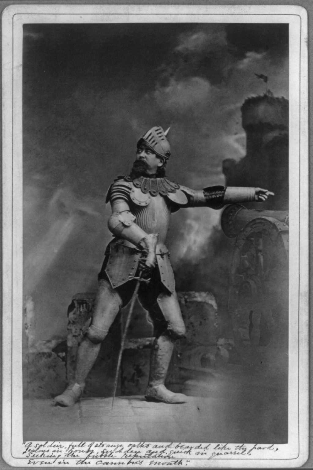 [Illustrations of 2 of Shakespeare's Seven Ages of Man" in dramatic battle posture on parapet]" — historic print