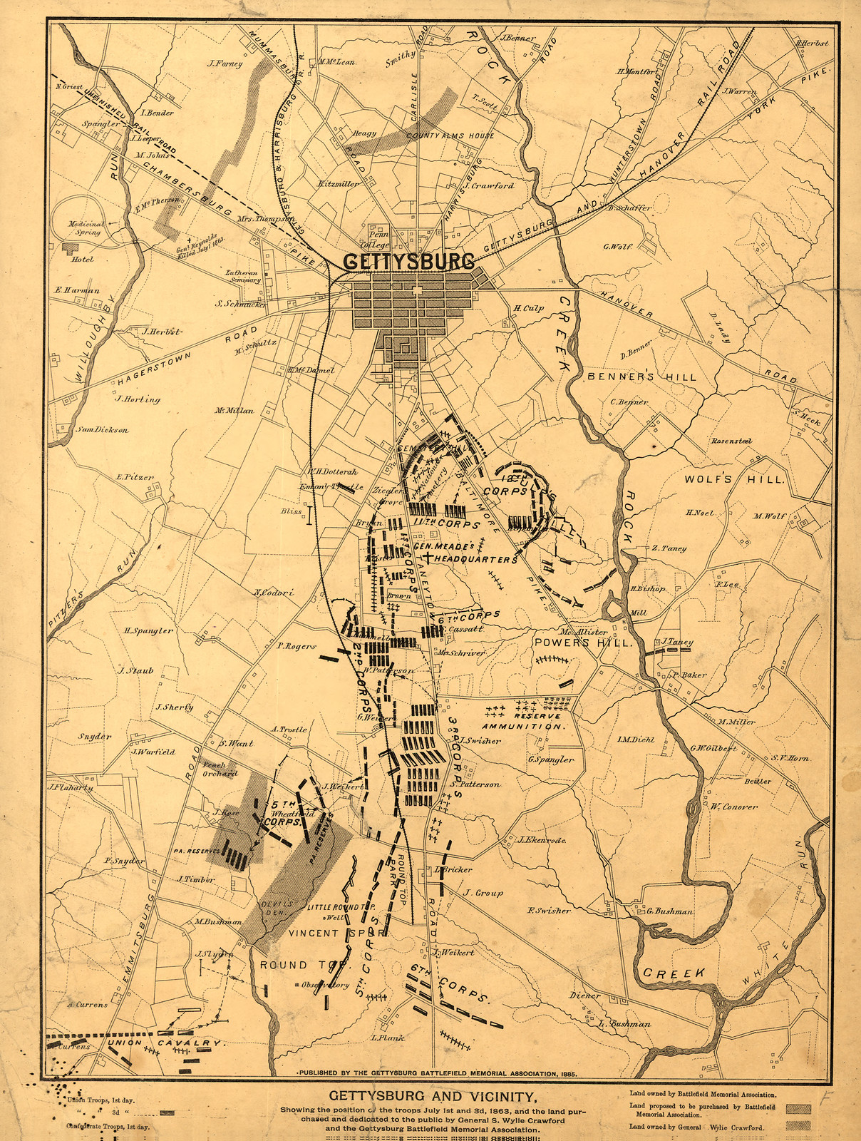 Gettysburg and Vicinity, Showing the Position of the Troops July 1st and 3rd, 1863, 1885 — historic image