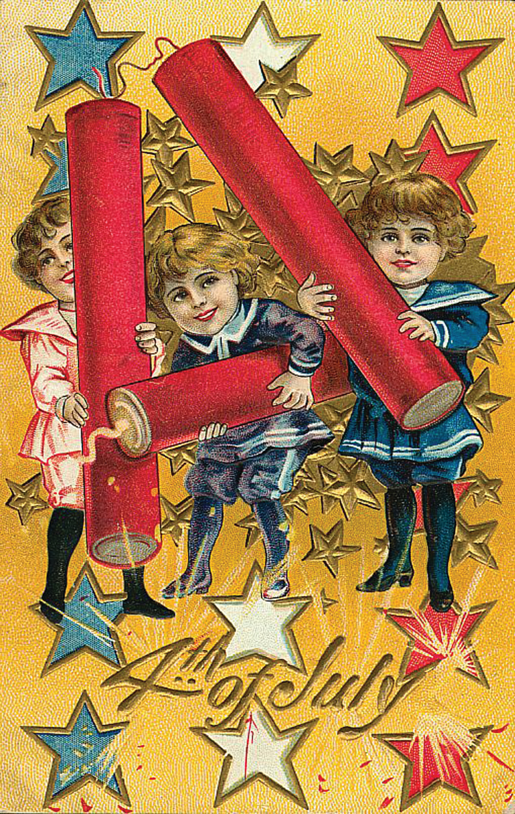 Fourth of July postcard with children and firecrackers — vintage postcard