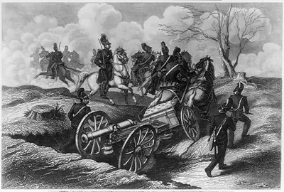 [Prussian? horse-drawn field artillery unit changing position]