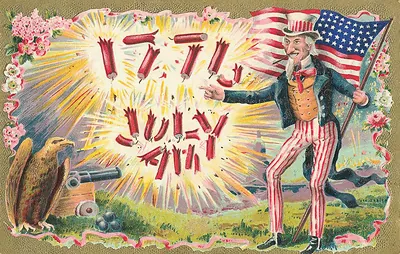 Uncle Sam with firecrackers spelling July 4th