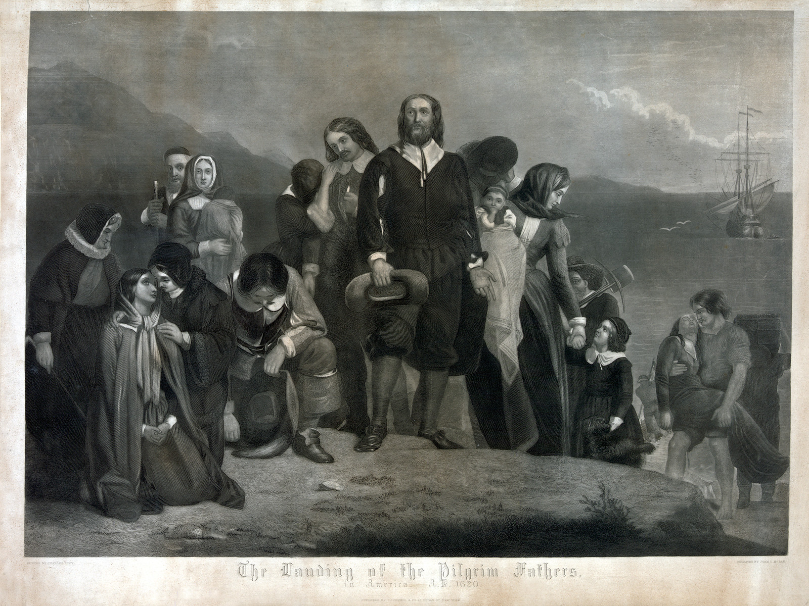 The First Landing Of The Pilgrims, 1620 — antique engraving