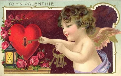 Cherub with key and red heart, To My Valentine
