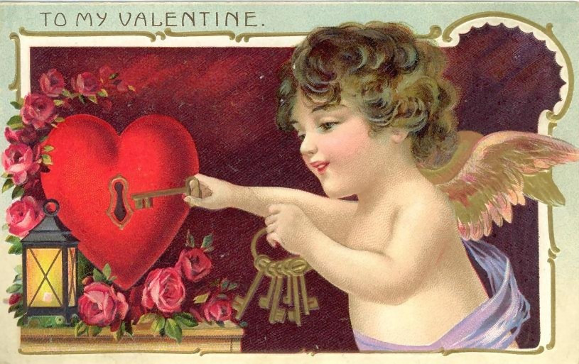 Cherub with key and red heart, To My Valentine — historic image