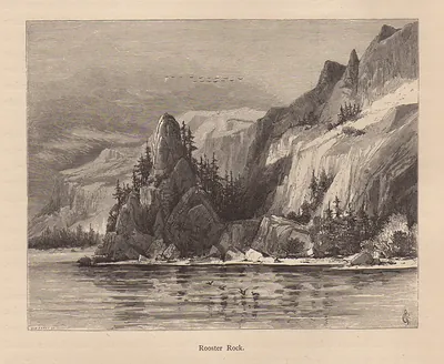 Rooster Rock, engraved view of cliffs above water