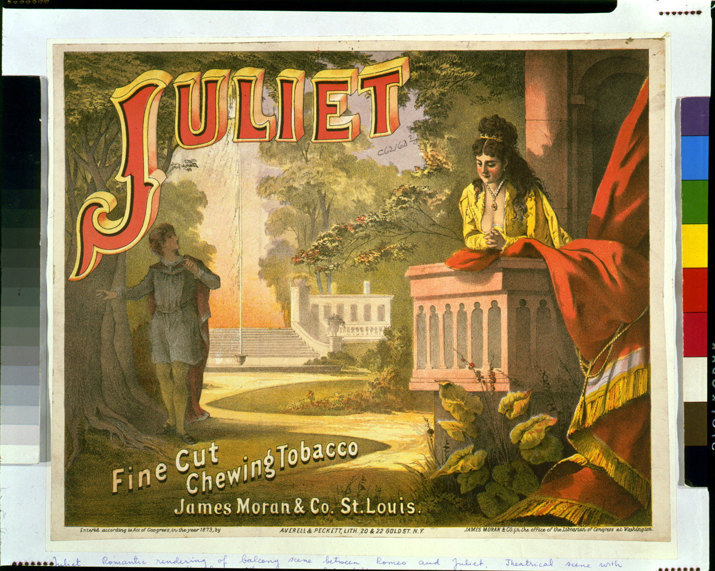 Juliet, fine cut, chewing tobacco - James Moran & Co., St. Louis / Averell & Peckett, lith., N. Y., c1873. — vintage poster