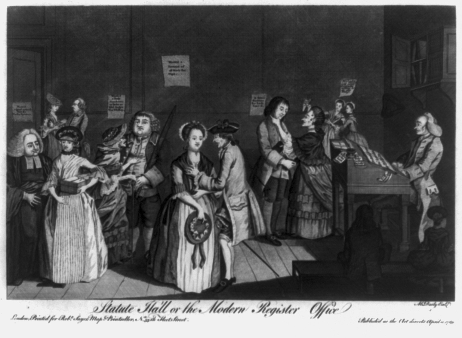 Statute Hall, or The Modern Register Office, 1769 — antique engraving