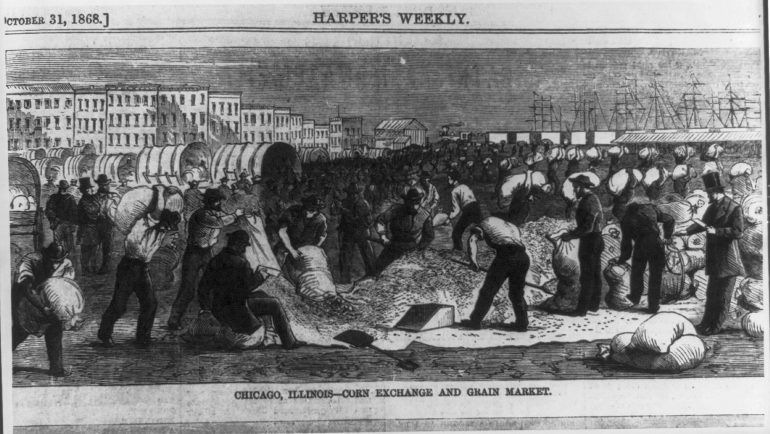 Chicago, Illinois - corn exchange and grain market, 1868 October 31. — antique engraving