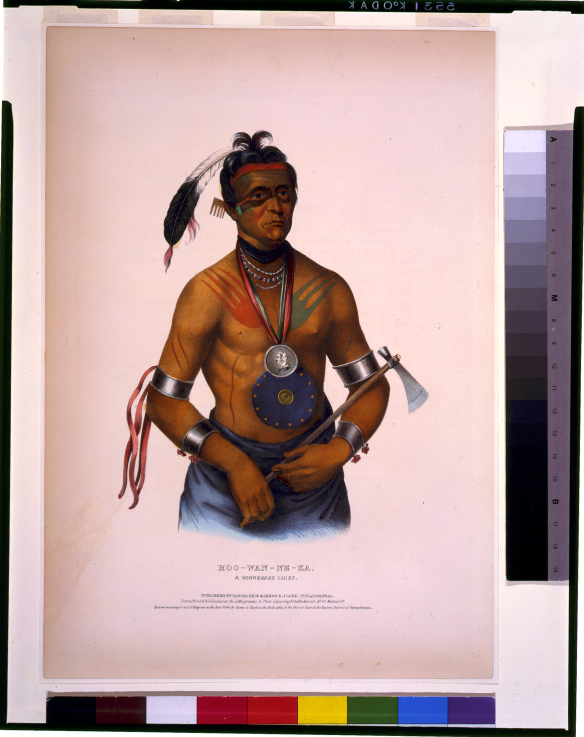 Hoo-Wan-Ne-Ka, a Winnebago chief / drawn, printed & coloured at the Lithographic & Print Colouring Establishment., Philada. : published by Daniel Rice & James G. Clark, c1844. — antique lithograph
