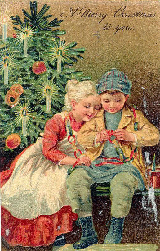 A Merry Christmas to you, children by Christmas tree — historic image
